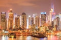 New York City Manhattan downtown at dusk with skyscrapersÃ¢â¬â¢ lights illuminated over Hudson River panorama. Royalty Free Stock Photo